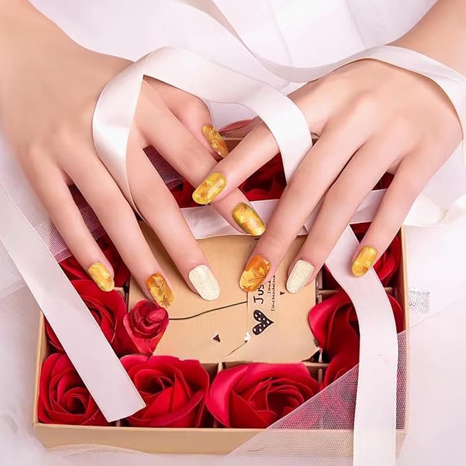 DANNEASY 8 Sheets Fall Nail Polish Stickers Full Nail Wraps for Women Maple Leaf Solid Color Nail Polish Strips Self Adhesive Fingernail Stickers with Nail File, Cuticle Stick