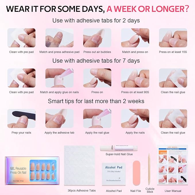 Square Press On Nails Short - Findigit False Nail Kits, Natural Soft Gel Glue On Nails with Nail Glue, Reusable Stick On Nails Salon Quality 16 Sizes,32 Nail Kits, Square Jelly