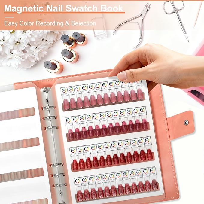 144 Magnetic Nail Swatch Book,Leather Nail Color Display Book with 144 Magnetic Tips & Number Labels,Professional Nail Salon Color Display Book for Easy Preview & Storage ( 3 Page )