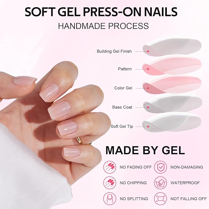 Square Press On Nails Short - Findigit False Nail Kits, Natural Soft Gel Glue On Nails with Nail Glue, Reusable Stick On Nails Salon Quality 16 Sizes,32 Nail Kits, Square Jelly