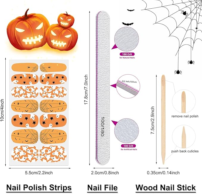 DANNEASY 8 Sheets Halloween Nail Wraps for Women Holiday Nail Polish Stickers Self Adhesive Nail Polish Strips Pumpkin Skull Ghost Fingernail Nails Design with Nail File, Cuticle Stick