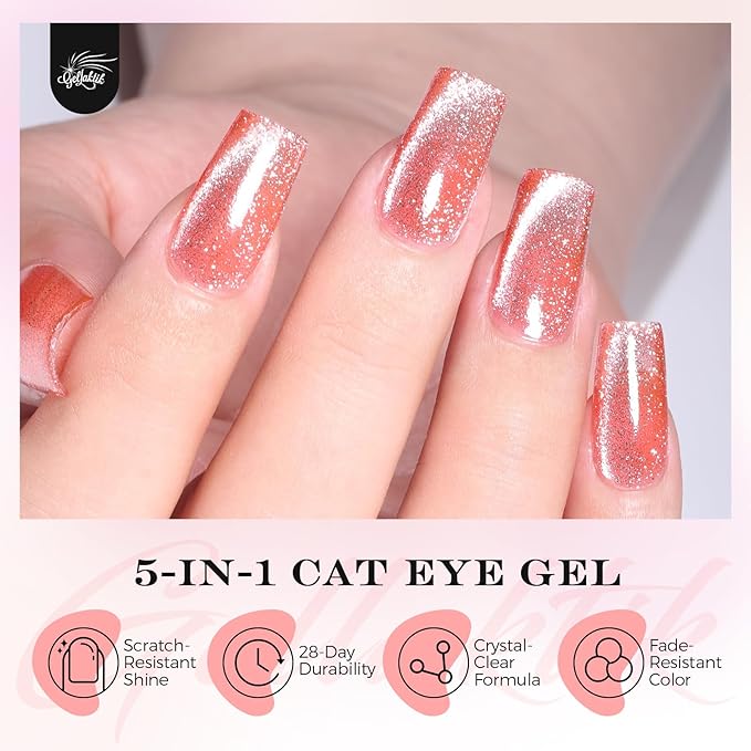 5-in-1 Cat Eye Gel Polish 15ml No Base/Top Coat Needed All-in-One Formula, Beginner-Friendly Magnetic Nail Polish with Magnet Stick, Fast Curing for Home DIY Manicure (Crimson Glitter)