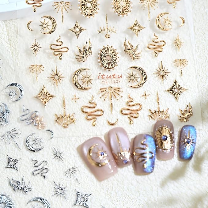 2 Sheets Silver Gold Nail Stickers for Nail Art 5D Embossed Moon Sun Star Nail Art Stickers Snake Nail Decals Silver Gold Nails Design Supplies for Women Girls DIY Manicure