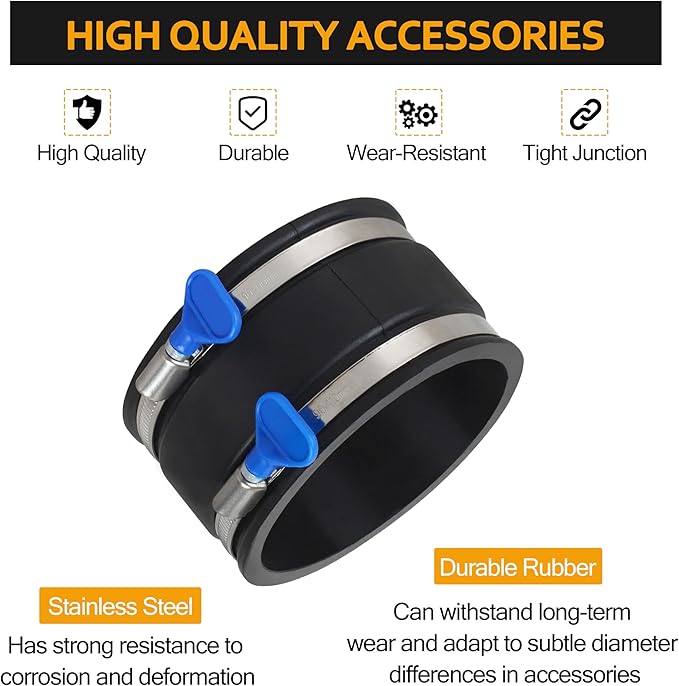 4” Dust Control Flex Cuff and Adjustable Key Hose Clamps for Woodworking Dust Collection Hose Rubber Cuff Coupler Fitting -2 Pack (70369-P2)