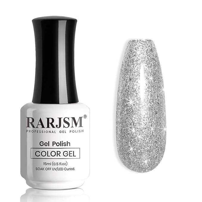 RARJSM Glitter Gel Nail Polish Platinum Silver Shiny Metallic Silver Diamond Gel Polish Sparkly Chunky Pigments Nail Gelpolish Soak off L e d UV Curing Required for Nail Art Salon Manicure Christmas