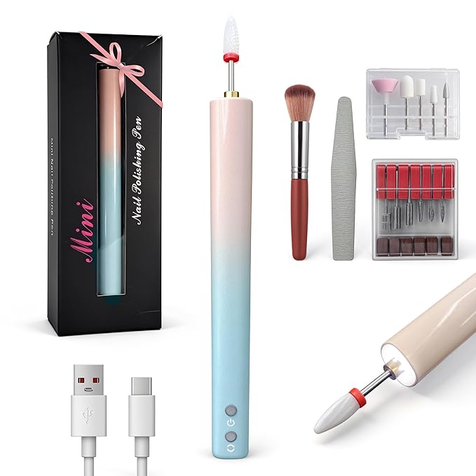 Professional Cordless Nail File Rechargeable 15000RPM Nail File Kit with UV Lamp Portable Electric Nail Drill with 12 Drill Bits & 6 Sanding Bands for Home Salon, Gradient Light Pink & Blue