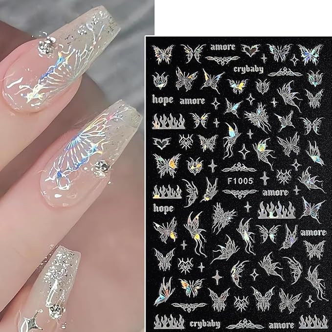 8 Sheet Black White Butterfly Nail Art Stickers 3D Butterflies Nail Decals for Women 3D Holographic Laser Butterfly Sparkly for Nail Designs Butterfly French Glitter DIY Nail Charm Manicure Decoration