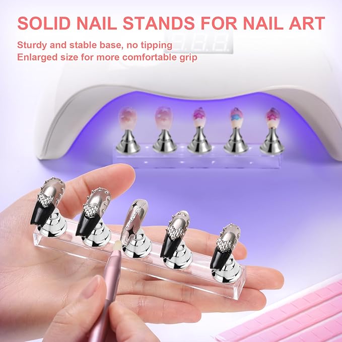 Etercycle Nail Stand Press On Nail Stand Nail Holder for Painting Nails Magnetic Nail Tips Practice Stands with 80Pcs Reusable Putty (Silver)