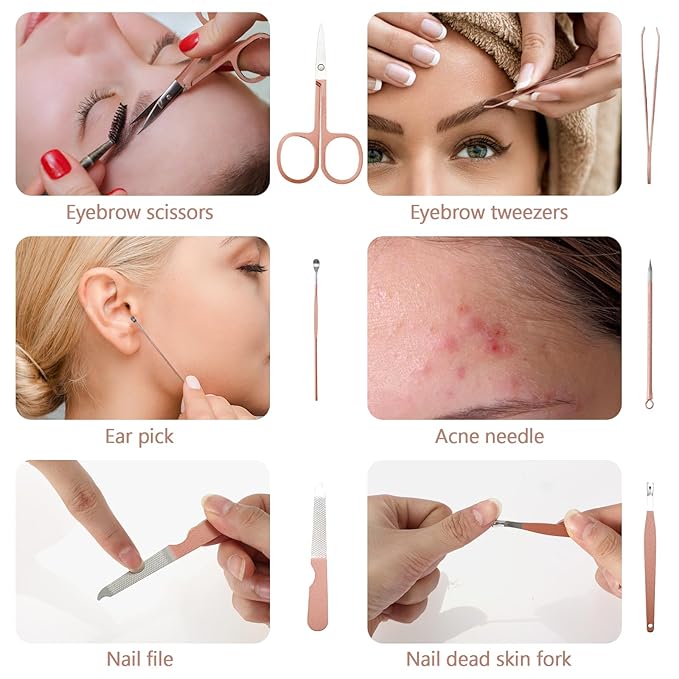 Geosar 50 Set 8 in 1 Travel Manicure Kit Bulk Professional Nail Clippers Pedicure Nail Care Tools Grooming Stainless Steel Set with Portable Travel Case, Gift for Christmas Men Women(Rose Gold)