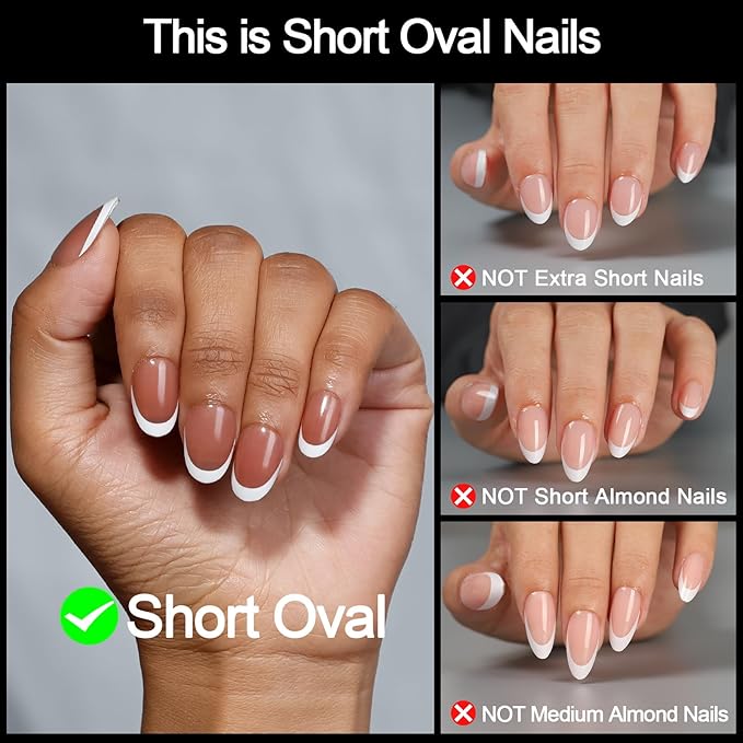 16 Sizes Short Oval Press on Nails, French Tip Short Round Reusable 32pcs Glossy Gel Fake Nails with Glue and Jelly Stickers (Brown French)