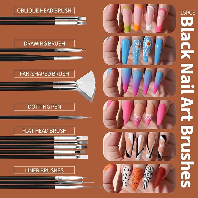 FANDAMEI Nail Art Brush, Nail Design Tools Kit with Nail Art Brushes, Nail Dotting Tools,Fine Glitter,Nail Butterfly, Nail Heart Sequins, Foil Flakes, Nail Art Rhinestones, Nail Art Decoration Kit.