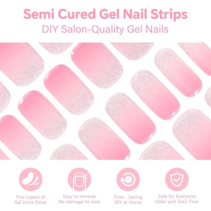 Semi Cured Gel Nail Strips-Salon Quality Semi-Cured Gel Press On Nails Stickers Quick DIY Nail Art Manicure Kits for Women at Home Works with Any UV/LED Lamps(Dress Up)