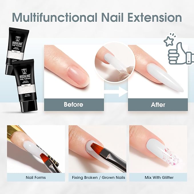 ROSALIND WhitePoly Extension Gel, 2oz/60ml White Poly Nail Gel for Nail Art Decoration, Pure Color Builder White Gel Nail Thickening Poly Extension Easy to DIY Use at Home Need UV Lamp