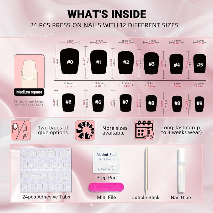 WOOYAS Glossy Fake Nails - Short, Light Grey, 24Pcs, Square, Handmade, With Nail Glue & Adhesive Tabs, DIY Kit