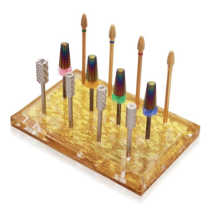 PANA Rectangle Transparent Acrylic Nail Drill Bit Holder Display Organizer Stand - Carbide Bit Storage Mount For Manicure Tools Nail Salon - 12 Holes Gold (Drill Bits Not Included)