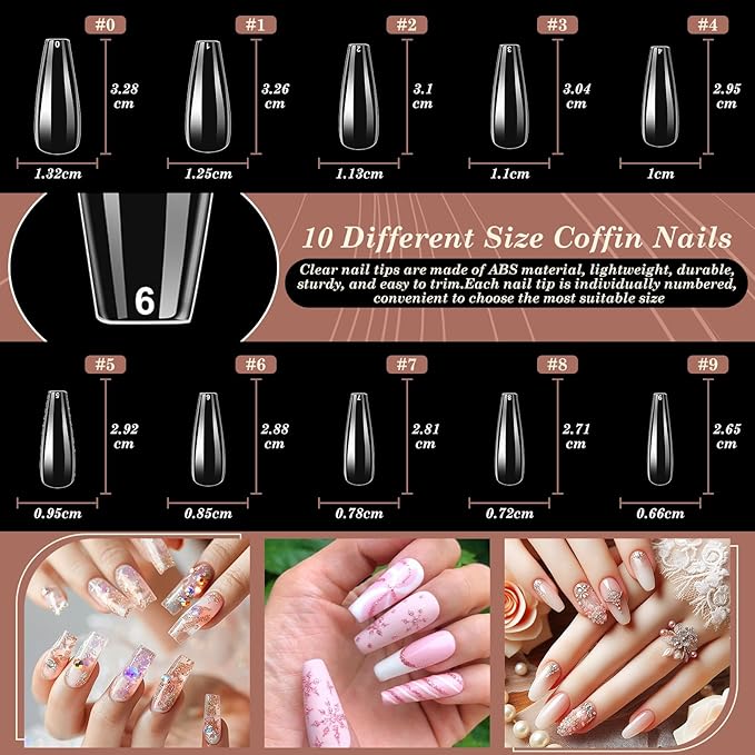 600PCS Clear Coffin Nail Tips and 240PCS Short Press On Nails Set, Clear Acrylic Nail Tips with Glue, Nail Art Brushes and Nail Display Stand, Nail Tips for Salons and Home DIY Nail Art