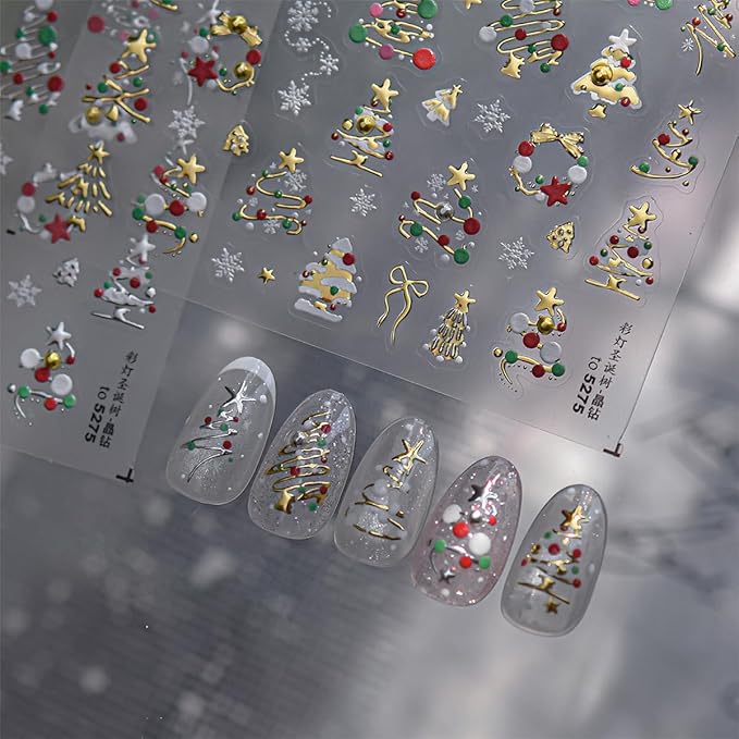 1 Sheet Christmas Nail Art Stickers 5D Embossed Nails Decals Self Adhesive Christmas Tree Colored Lights Star Snowflake Sticker for Nails Winter Nail Stickers for Women Holiday Manicure Decorations