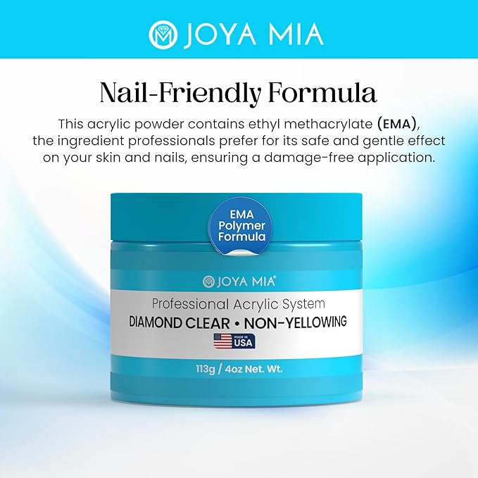 Joya Mia Acrylic Powder for Nails, MMA-Free, Super Adhesion Professional Powder for Flawless & Long-Lasting Nail Enhancements, Easy Application, Vibrant & Stunning Colors - Diamond Clear, 4 oz