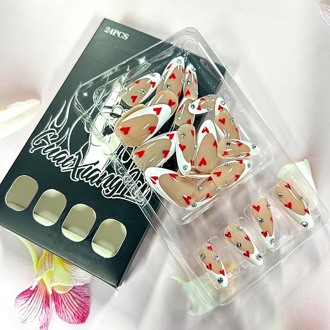Valentines Press on Nails Medium Artificial Almond Acrylic False Nails French White Tip Red Love Stick on Nail Full Cover Rhinestones Reusable Coffin Artificial Fingernails for Women Festival Manicure