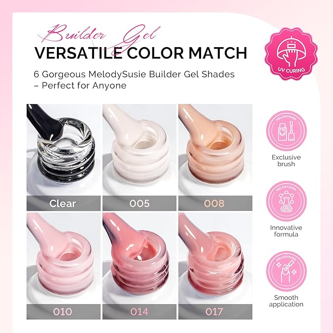 MelodySusie Builder Gel Nail Polish Set, Base Colors Nude Clear Pink 8 in 1 Nail Thickening Rubber Base Gel Polish,Soak Off UV Extension,Rhinestone Nail Glue in a Bottle Gift for Women 6 Colors