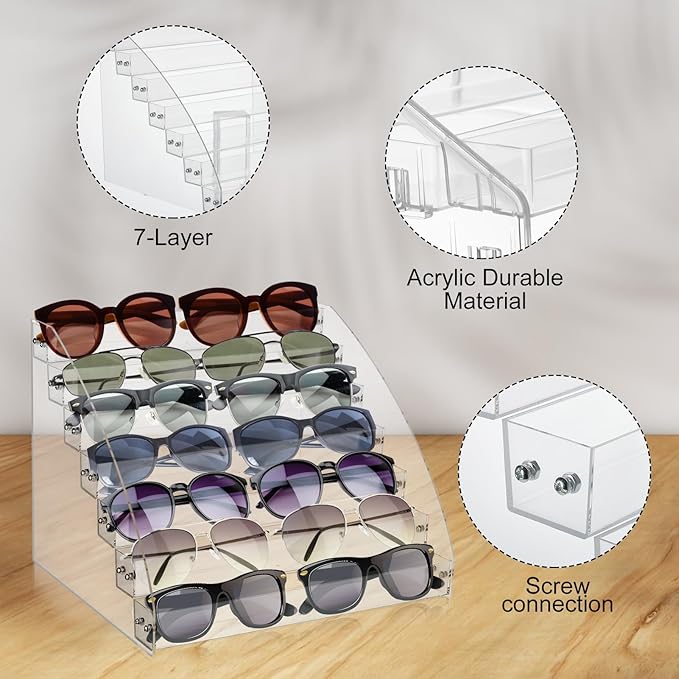 2 Pack 7 Tier Sunglass Organizer Stand, Versatile Acrylic Sunglass Holder Display Stand Sunglass Storage Tray for Highlighting Glasses Makeup Nail Polish Graded Cards