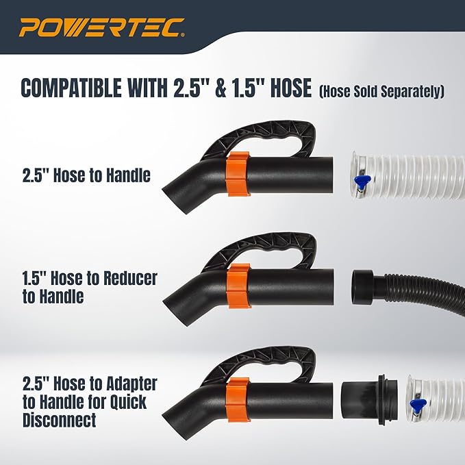 POWERTEC 2-1/2" Dust Collection Hose Floor Sweep Kit with 36" Clear Tube Extension, 3 Vacuum Nozzles, 2 Wall Mount Storage Clips, 1-1/2" Reducer Adapter (70443)