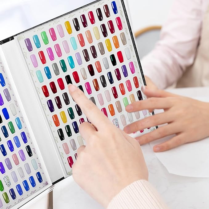 216 Nail Color Chart Display Book with 240PCS False Nail Tips, UV Gel Polish Card Book, Nail Art Salon Nail Design Display Booklet, Nail Color Swatches Nail Practice Card Board