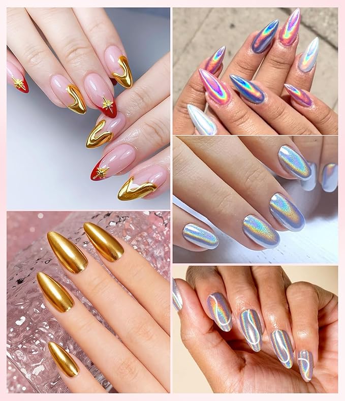 Gold Chrome Nail Powder - Sparkly Laser Holographic Nail Powder Metallic Mirror Effect Aurora Nail Chrome POwder, White Pearl Pigment Holo Iridescent Glitter Dust Kit, Nail Art Decoration