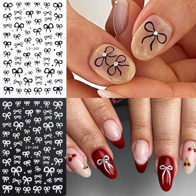Fcozpjk Bow Nail Stickers, 6 Sheets Pink Black Gold Silver Bow Stickers for Nails, Y2K Ribbons Nail Art, Korean Style Manicure, Ribbon Nail Decals, Kawaii Nail Charms, Pegatinas para Uñas