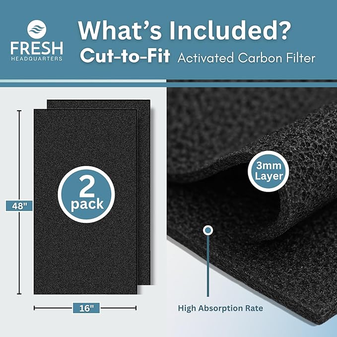 Activated Carbon Filter Pad - Cut to Fit Air Vent Filters for Home, AC, Furnace, Range Hood & Vent - Charcoal Filter Sheets Material for Dust, Odor, Smoke & Allergen Removal - 2 Pack