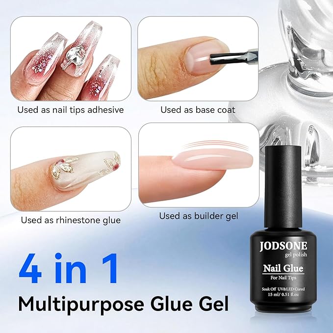 JODSONE 15ml Nail Glue Gel 4 in 1 for Nail Tips Long Lasting Extension Glue for Clear Nail Tips and Clear Press on Nails, Nail Repair Treatment, Salon Art DIY at Home Need U V Light Cured