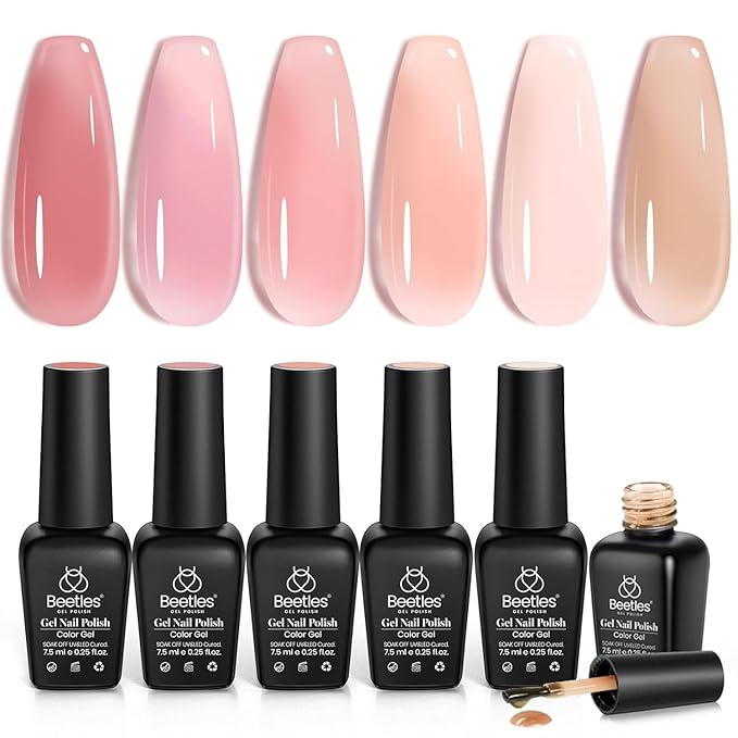 Beetles Rose Veil Jelly Gel Nail Polish Set - 6 Colors Nude Pink Gel Nail Kit Neutral Nude Gel Polish Sheer Translucent Effect Soak Off UV Nail Art Design Manicure Gift for Women
