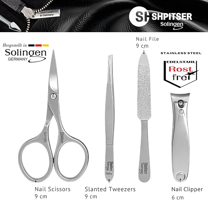 Shpitser Manicure and Pedicure Set of 4 Surgical Stainless Steel Instruments, Made in Solingen, Germany, Luxury Topinox Grooming Kit In Full Grain Nappa Leather Case (Black)