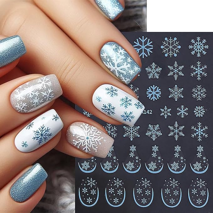 6 Sheets Christmas Snowflake Nail Art Stickers 3D Self -Adhesive Winter White Snowflake Nail Decals Holographic Festival French Nail Stickers Christmas Nail Staickers Decoration for Women Manicure