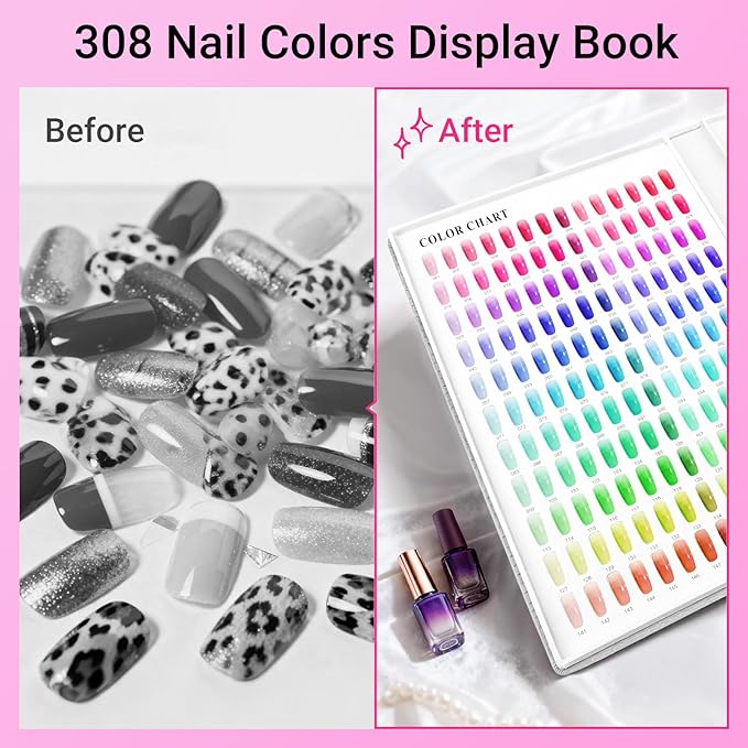 Segbeauty 308 Color Nail Polish Display Book Organizer, Silver Nail Color Swatches Sample Book for Art Salon with 360 False Nails Tips DIY Press On Nails Display Holder Board Cases Storage Stand