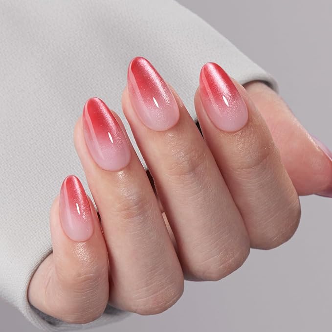 VSALON Press On Nails Short Almond, 32 Pcs 16 Sizes Red Cat Eye Press On Nails Ombre Fake Nails With UV Cure Nail Glue, Reusable Stick On Nails Sparkly False Nails Fall Gifts For Women