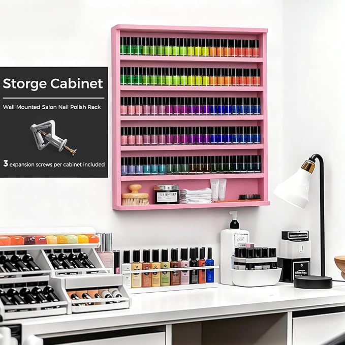Wood Nail Polish Rack 2 Packs, Wall Mount Nail Polish Organizer, 6 Layers Nail Salon Storage Display Shelves Perfume Essential Oil Bottles Holder w/Acrylic Baffle, Pink