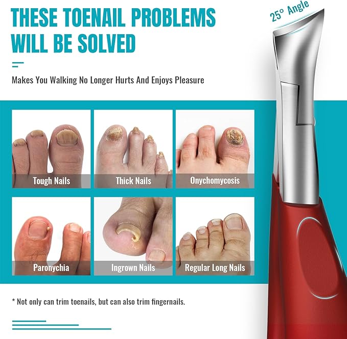Toenail Clippers for Thick Nails for Seniors - Heavy Duty Toe Nail Clippers Kit with Long Handle for Men & Elderly with Inflexible Joints, Professional Nail Clippers Kit for Thickened Toenails (Red)