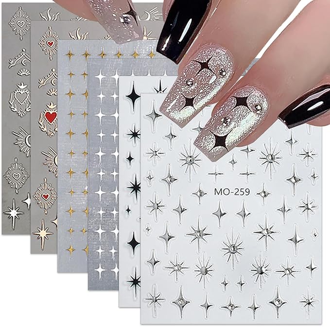 6 Sheets Shiny Star Nail Stickers for Nail Art 3D Luxury Glitter Star Rhinestones Nail Design Stickers Starlight Black White Nail Decals Star Nail Decor for Women DIY Nails Tip