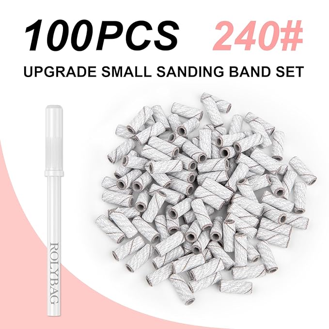 Rolybag 100pcs Small Sanding Bands Nail Drill Bits 240 Extreme Fine Grit Sanding Bands with 3.1mm Mandrel Bits for Acrylic Nails Professional Manicures and Pedicure,Zebra