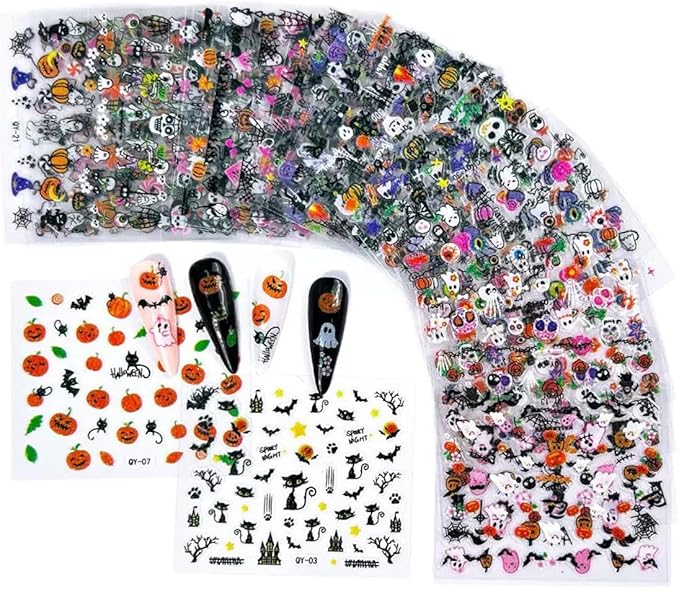 30 Sheet Halloween Nail Art Stickers Cute Ghost Pumpkin 3D Self-Adhesive Nail Decals Bat Cat Skull Designs Nail Decorations Halloween DIY Manicure Supplies for Women Girls&Kids