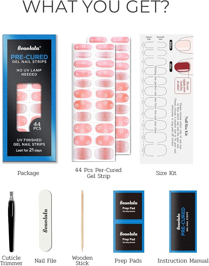 Beaolata Pre Cured Gel Nail Strips - 44PCS Salon Quality Gel Nail Stickers - Long Lasting Polish Wraps for Women no UV Light Needed Easy Apply& Remove (BloomPink)