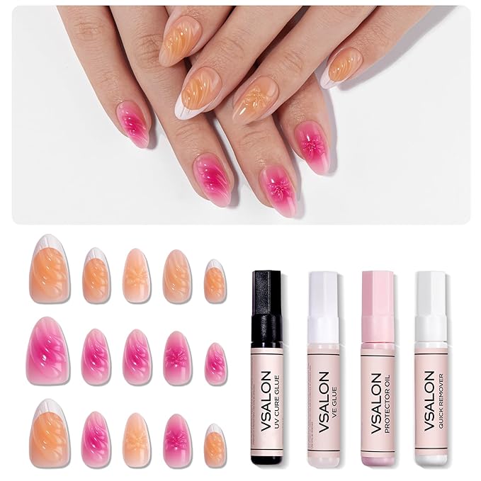 VSALON Press-On Nails Short Almond - 32 PCS French Tip Cream Finish Main Nails in 16 Sizes & 10 PCS Alternative Nails - Fake Nail Kit with UV Glue, Easy Tabs, Nail Glue & Remover (Barlow Girl)