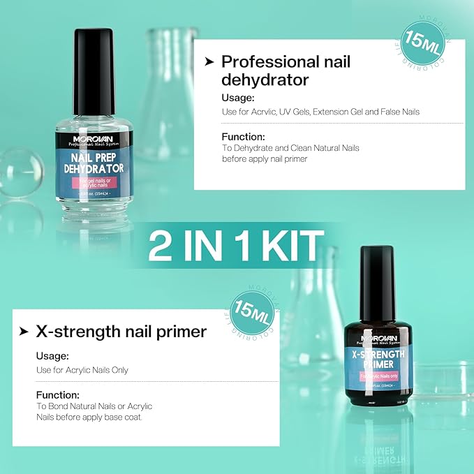 Morovan Nail Prep Dehydrate and Primer X-strength, No Burn Non Acid Nail Primer and Dehydrator for Acrylic Powder Fast Dry 0.5oz