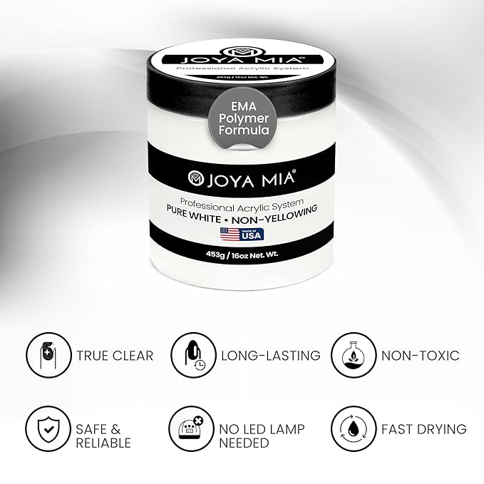 Joya Mia Acrylic Powder for Nails, MMA-Free, Super Adhesion Professional Powder for Flawless & Long-Lasting Nail Enhancements, Easy Application, Vibrant & Stunning Colors - Pure White, 16 oz