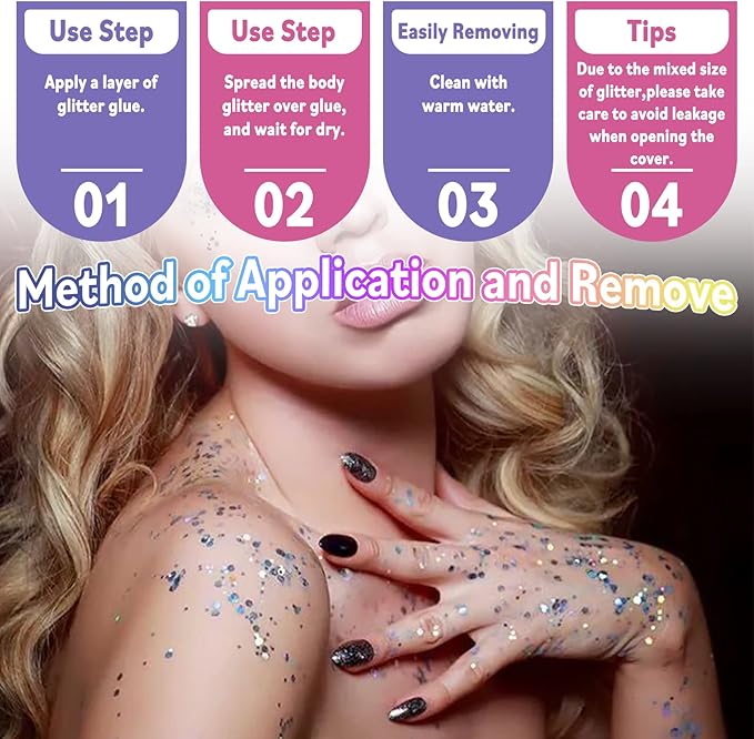 Laza Body Glitter, 2 Jars Holographic Chunky Sequins with Glitter Glue Perfect for Women Eyeshadow Makeup Face Paint Festival Rave Outfits Hair Accessories Carnival Party Costumes - Sliver Galaxy