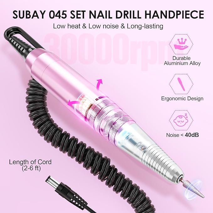 Subay 30000RPM Professional Nail Drill Machine for Acrylic Nails, Gel Nail, Nail Art Polisher Sets with 6 Bits Easy Build-in Bit Holder Twist Lock Changing Bit
