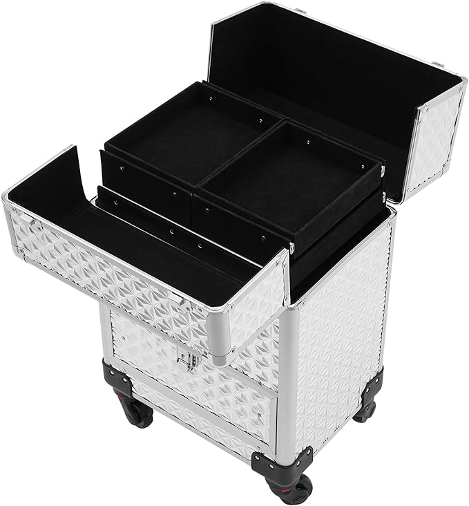 Rolling Makeup Case, Nail Storage Box with Wheels Portable Makeup Trolley for Beauty Studio Hairdressers Nail Technician (Silver)