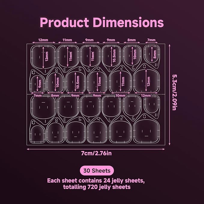 720Pcs Press on Nail Adhesive Tabs, 12 Sizes Waterproof Nail Stickers, 30 Sheets Jelly Gel Transparent Breathable Double Sided Sticky Tabs, Reusable Fit Most Nails