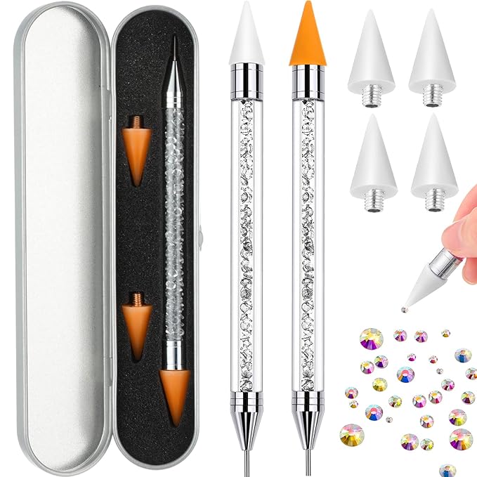 Tatuo 2 Pieces Rhinestone Picker Dotting Pen, Dual-ended Rhinestone Gems Crystals Studs Picker Wax Pencil Pen Crystal Beads Handle Manicure Nail Art DIY Decoration Tool (White)